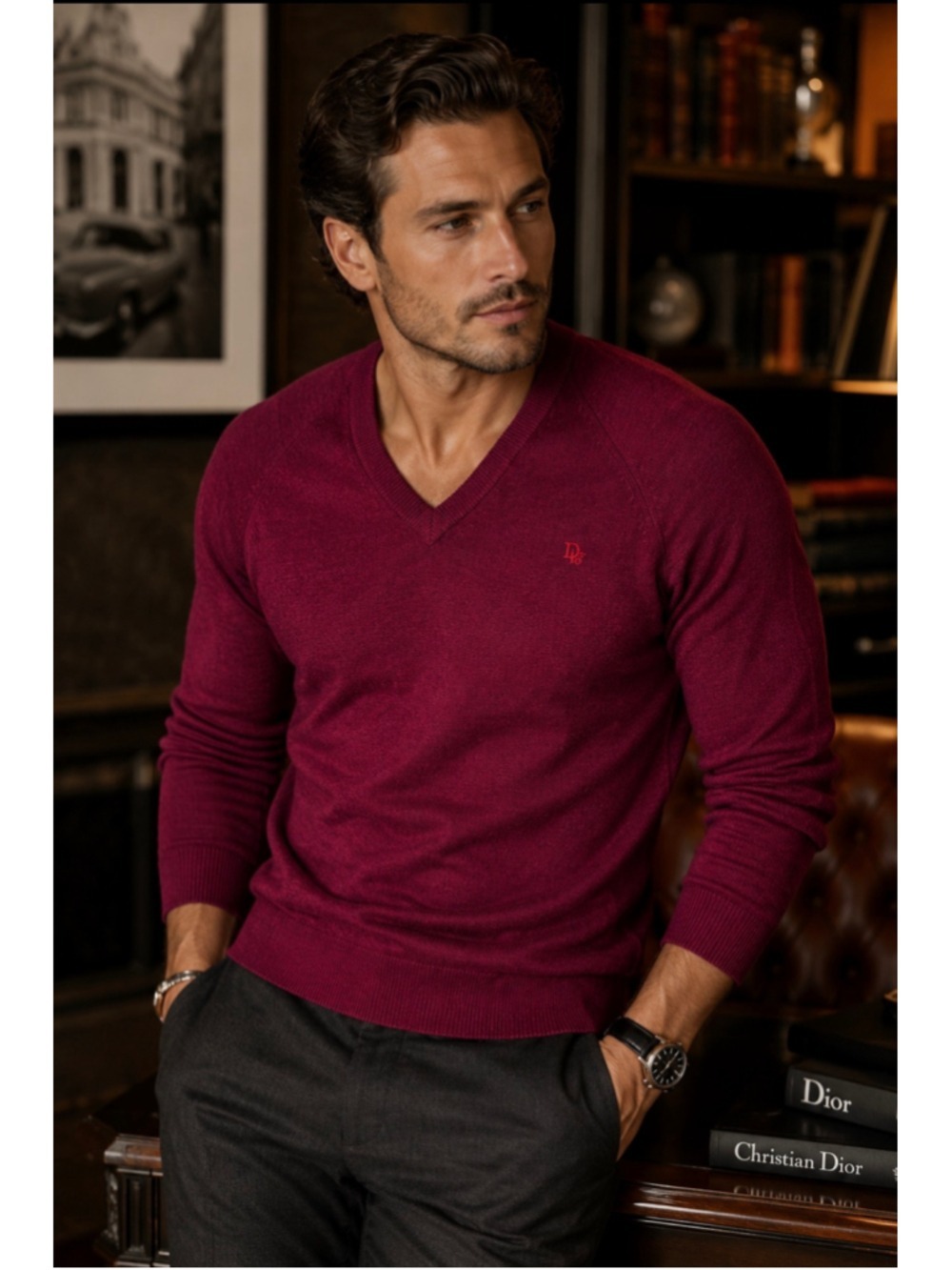 Christian Dior Vintage Burgundy V Neck Sweater USA Men’s M Embroidered Logo Prep